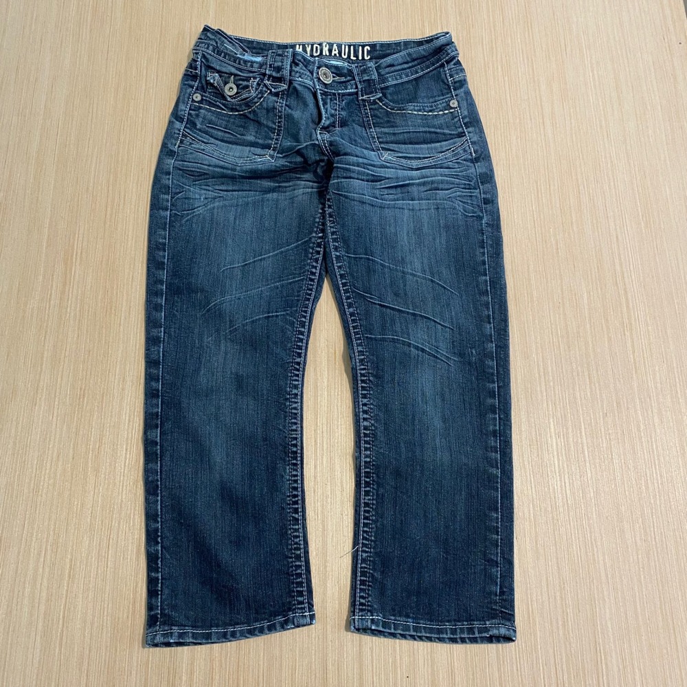 Hydraulic Womens Dark Wash Straight Leg Jeans Y2K Flap Pocket Size 7/8 RN99678